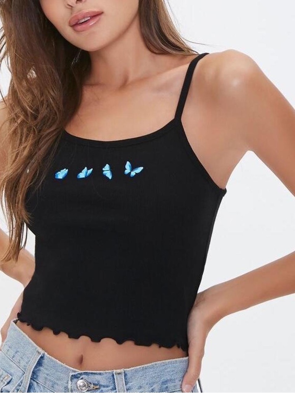 Forever 21 Y2K Black Cami with Blue Butterfly Print and Lettuce Hem